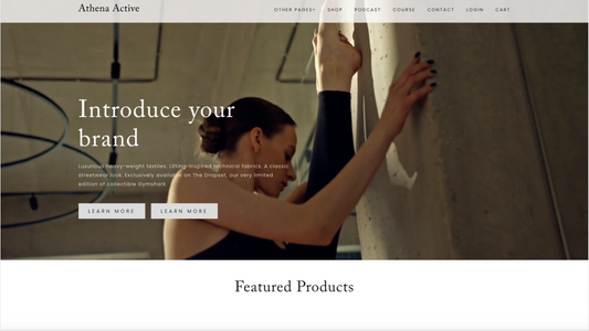 A screenshot of the Athene Active Squarespace template. It is primarily a black and white theme, with a background image of a female gymnast