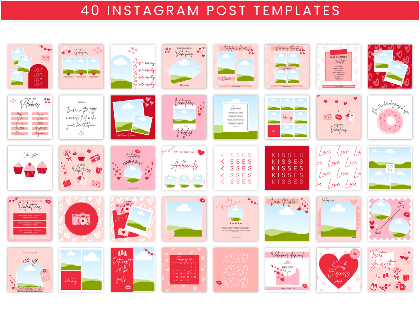 Valentines Instagram Templates Bundle. Digital product listing for red and pink Instagram Templates for your photos and for Instagram quotes. A bundle of Canva templates to go on your Instagram feed. Includes posts, stories and highlights.