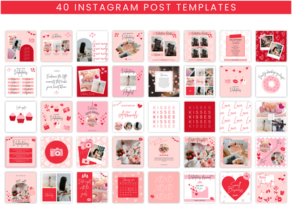 Valentines Instagram Templates Bundle. Digital product listing for red and pink Instagram Templates for your photos and for Instagram quotes. A bundle of Canva templates to go on your Instagram feed. Includes posts, stories and highlights.