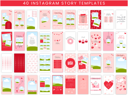 Valentines Instagram Templates Bundle. Digital product listing for red and pink Instagram Templates for your photos and for Instagram quotes. A bundle of Canva templates to go on your Instagram feed. Includes posts, stories and highlights.