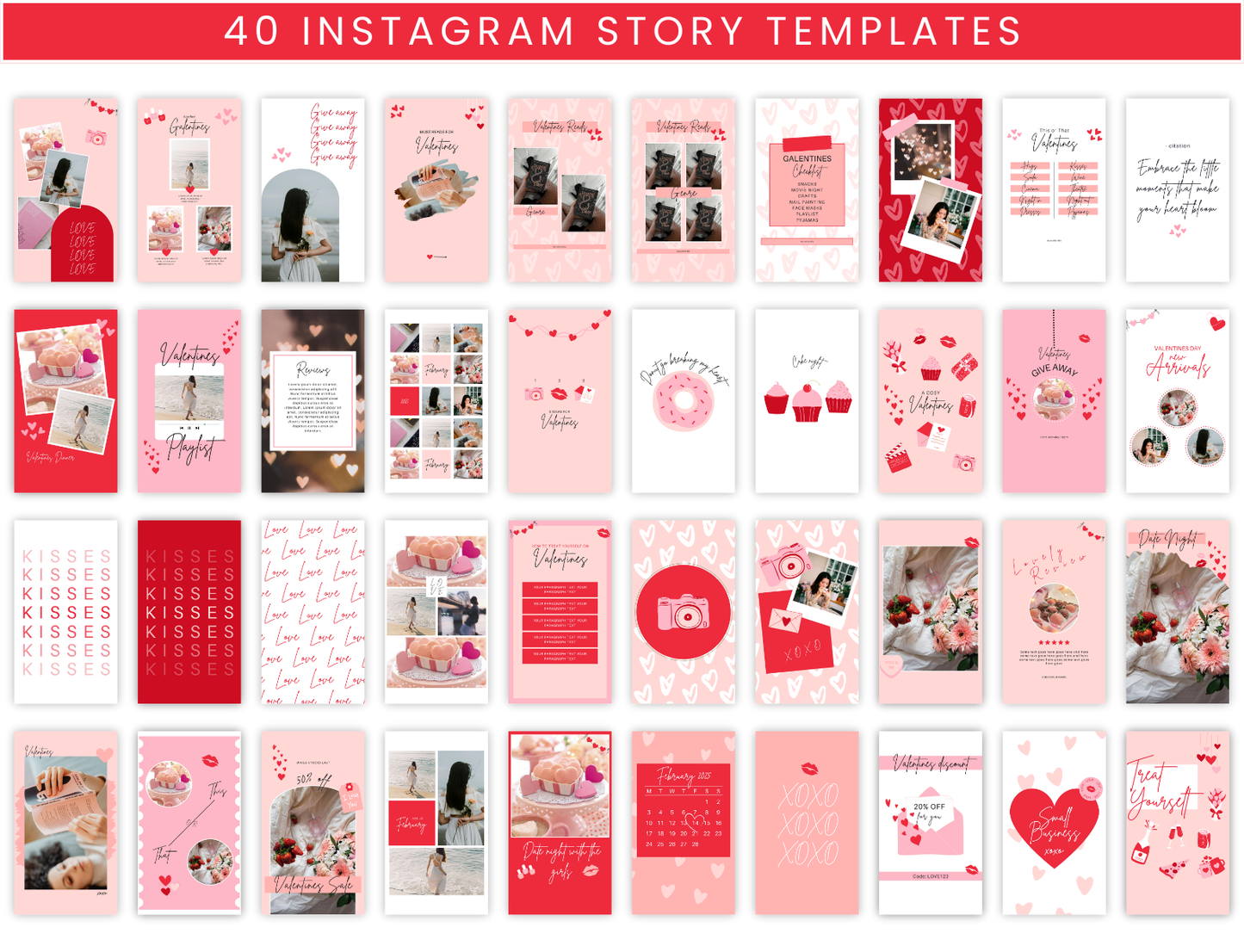 Valentines Instagram Templates Bundle. Digital product listing for red and pink Instagram Templates for your photos and for Instagram quotes. A bundle of Canva templates to go on your Instagram feed. Includes posts, stories and highlights.