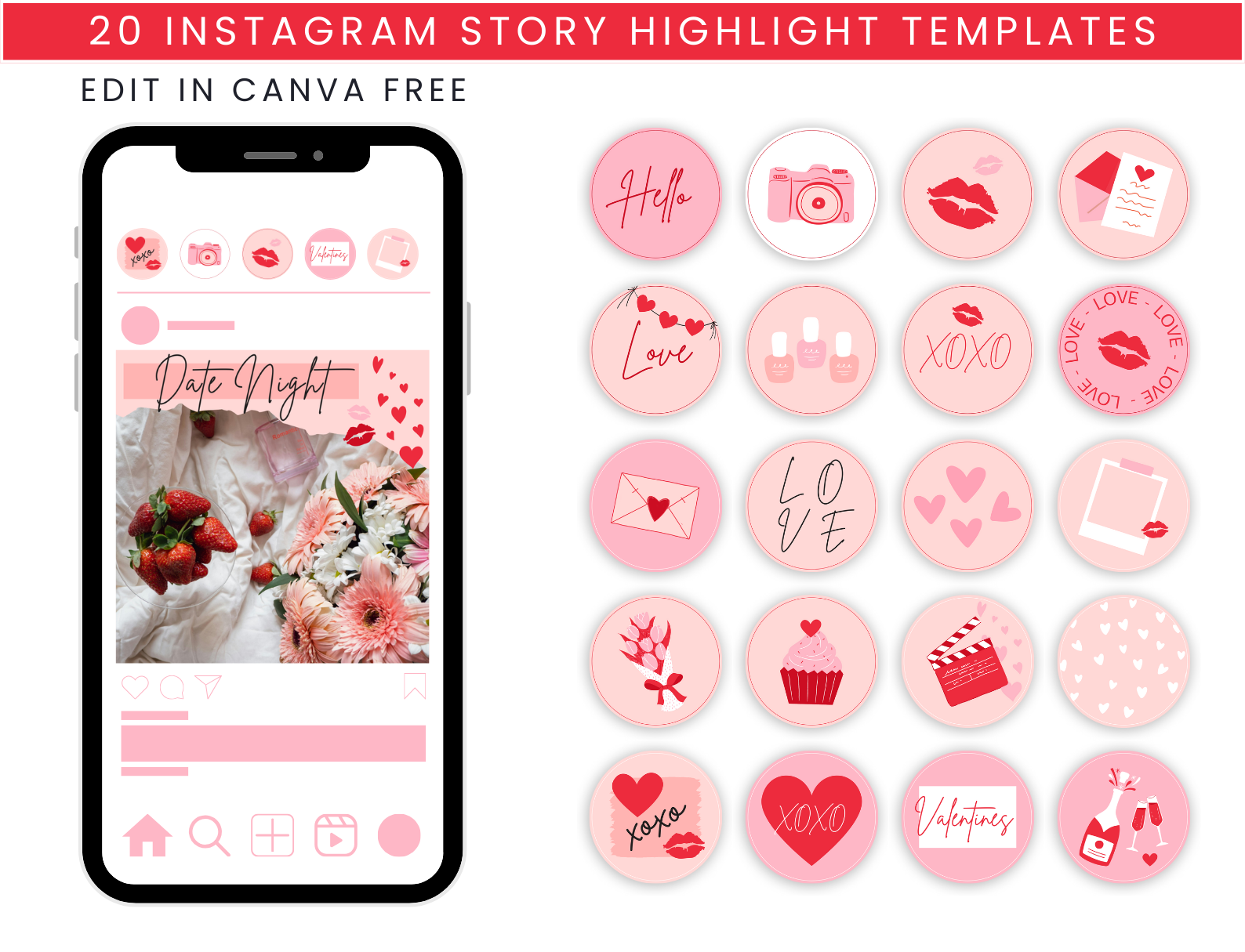 Valentines Instagram Templates Bundle. Digital product listing for red and pink Instagram Templates for your photos and for Instagram quotes. A bundle of Canva templates to go on your Instagram feed. Includes posts, stories and highlights.