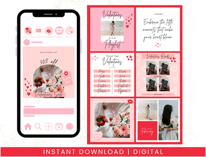 Valentines Instagram Templates Bundle. Digital product listing for red and pink Instagram Templates for your photos and for Instagram quotes. A bundle of Canva templates to go on your Instagram feed. Includes posts, stories and highlights.