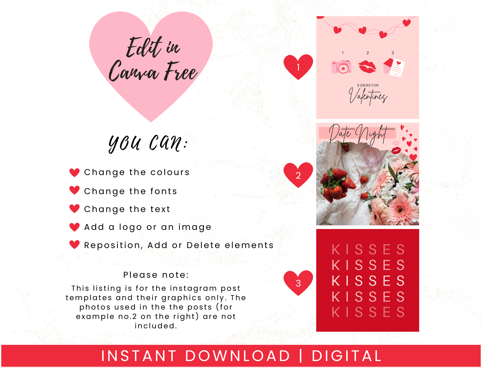 Valentines Instagram Templates Bundle. Digital product listing for red and pink Instagram Templates for your photos and for Instagram quotes. A bundle of Canva templates to go on your Instagram feed. Includes posts, stories and highlights.