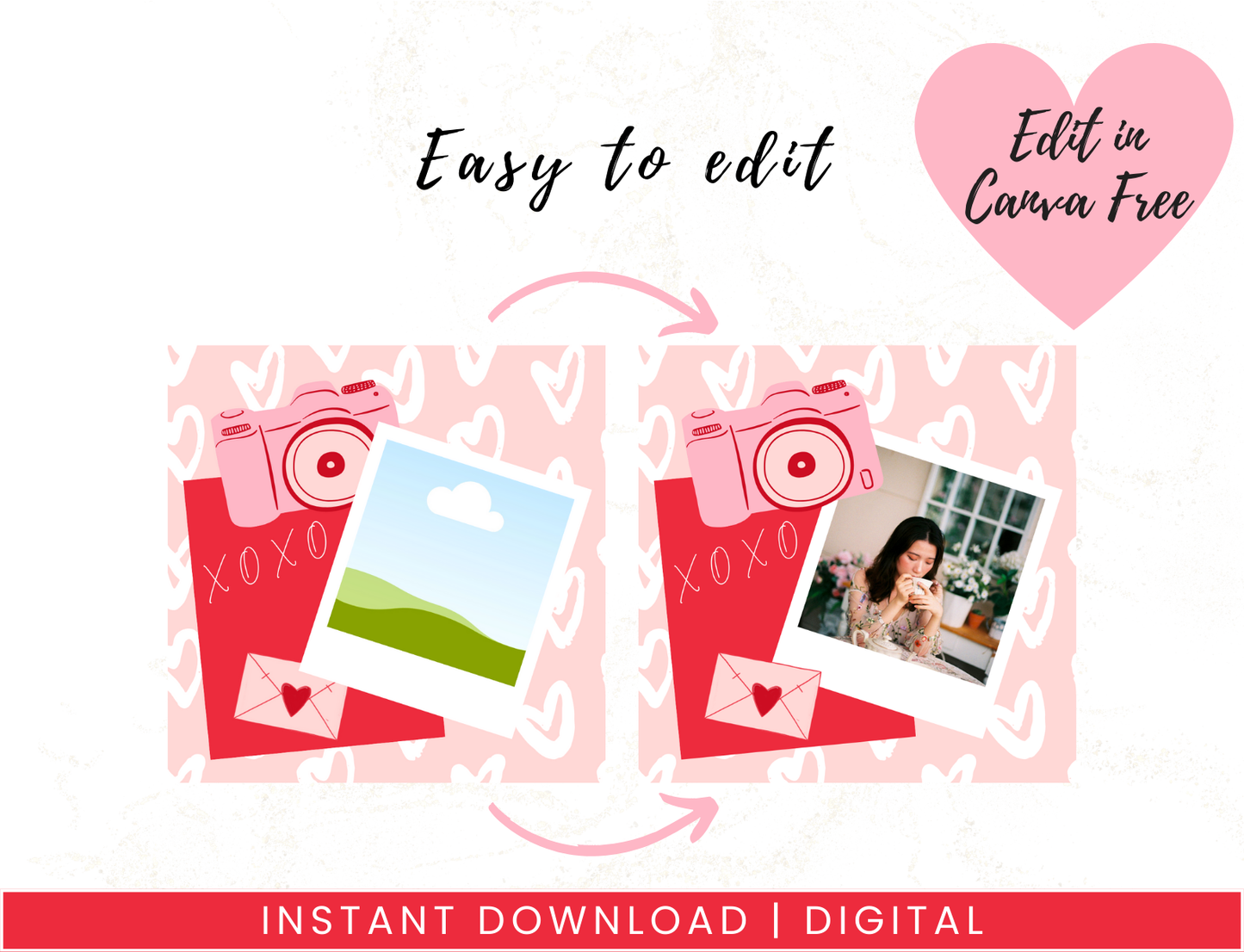 Valentines Instagram Templates Bundle. Digital product listing for red and pink Instagram Templates for your photos and for Instagram quotes. A bundle of Canva templates to go on your Instagram feed. Includes posts, stories and highlights.